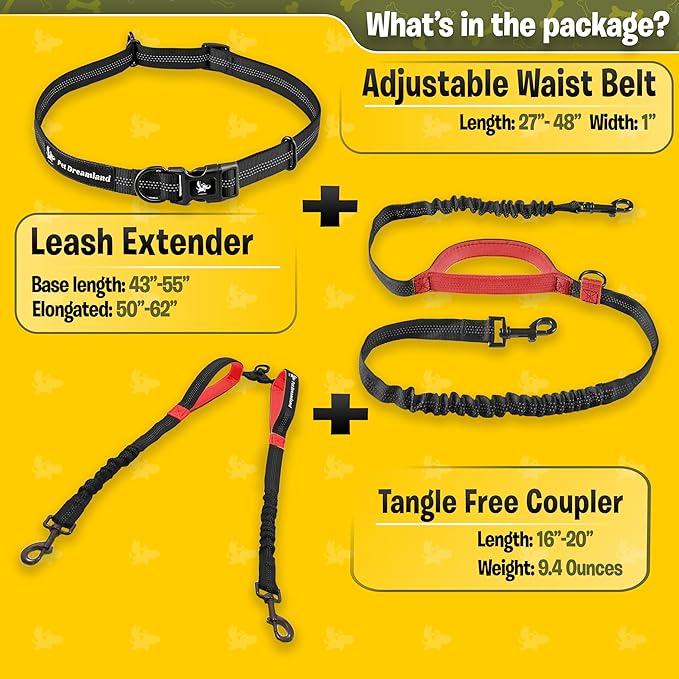 Pet Dreamland Exquisite Hands Free Double Leash for Two Dogs No Tangle. Premium Quality & Versatile Running Your Two Large Dogs. You Will Absolutely Love This Amazing Dual Dog Leash (Black & Red)