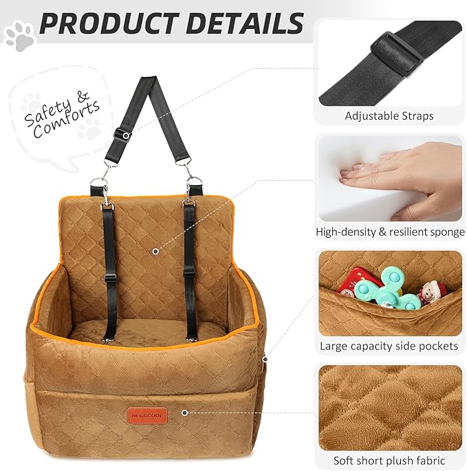 Dog Car Seat for Small Medium Dogs, Memory Foam Dog Booster Seats with Thick Cushion for Dogs Under 35lbs, Detachable Washable Pet Car Seat Travel Bed with Storage Pockets,2 Safety Belt
