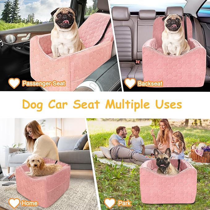 Dog Car Seat for Small/Medium Dogs, Memory Foam Dog Booster Seat, Travel Safety Per Car Seat with Washable Removable Cover, Storage Pockets for Dogs up to 35 lbs (Pink, Small)