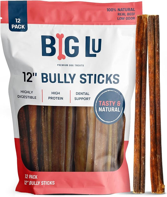 Big Lu - 12” Bully Sticks, 12 Count, Long-Lasting, 100% Grass-Fed Beef Chews for Medium and Large Dogs, Natural Single-Ingredient Fully Digestible Treats, Perfect for Aggressive Chewers