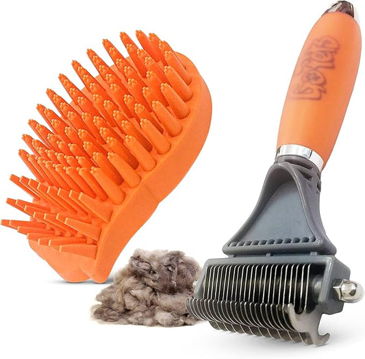 GoPets Dematting Comb & Curry Bath Brush Bundle, Dog Deshedding Brush, Cat Grooming Tool, Undercoat Rake, Mat Remover & Detangler, Silicone Shampoo Scrubber, Massage Tool for Long & Short Hair Pets