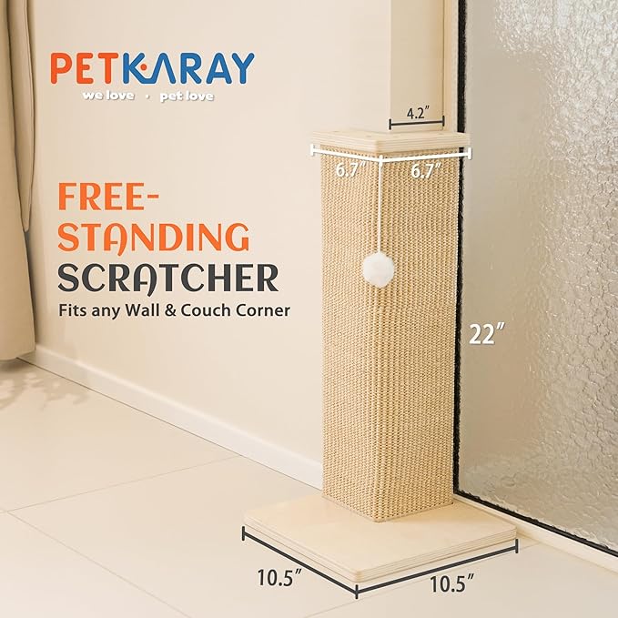 PETKARAY Couch Corner Cat Scratcher, 22'' Corner Scratching Post Cat Wall Scratcher, Sisal Scratch Pad for Sofa, Wall Furniture Protector with Toy Ball