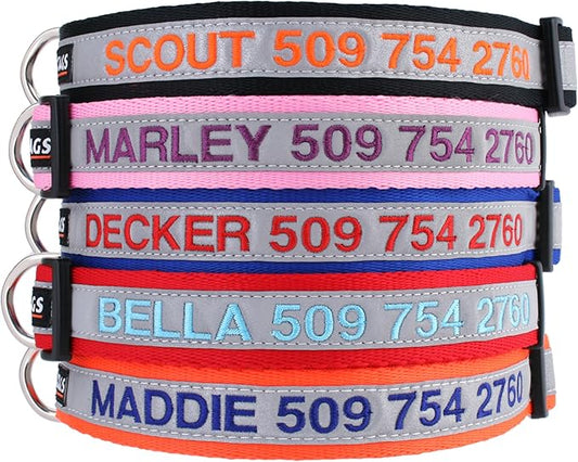 GoTags Reflective Personalized Dog Collar, Custom Embroidered with Pet Name and Phone Number in Orange for Boy and Girl Dogs, Adjustable Small