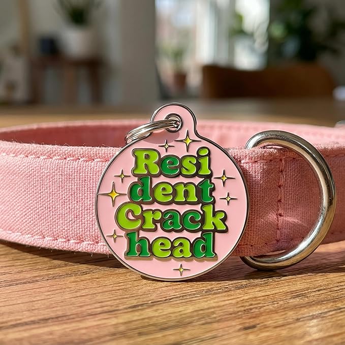 Bad Tags Personalized Dog & Cat ID Tags - Choose from 25+ Tag Designs - Free 5 Lines Custom Engraved - Unique, Cute, Funny, Sassy Pet Tag (Resident Crackhead - Pink, Small (1 inch))