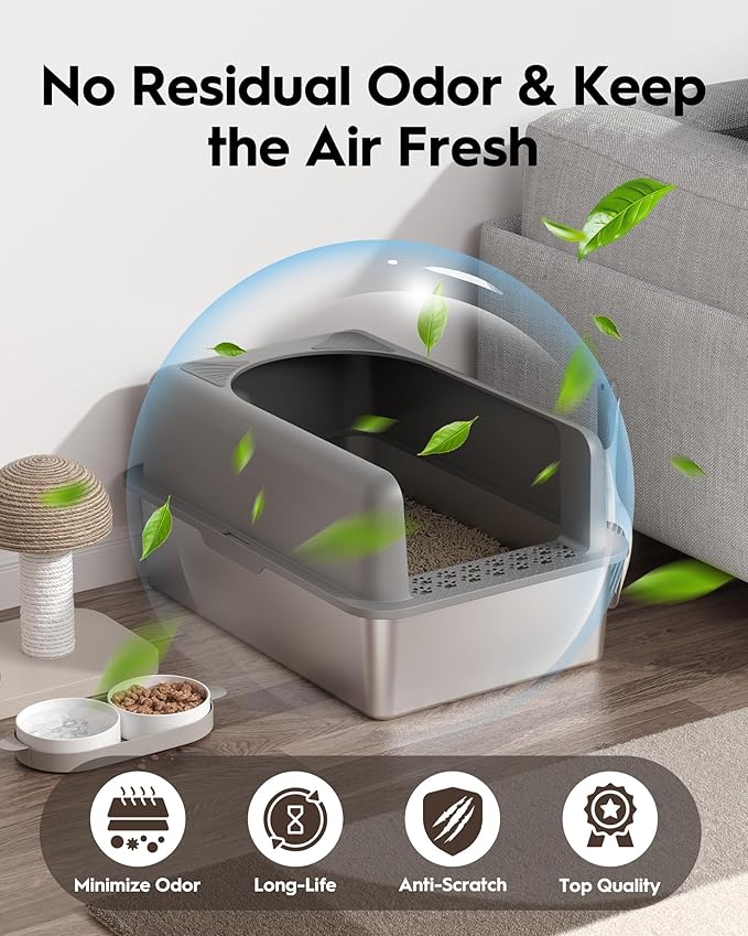 Stainless Steel Cat Litter Box, Extra Large Enclosed Litter Boxs for Big Cats, XL Metal Litter Box with Lid, High Sided, Non Stick, No Smell, Easy to Clean, Included Scoop