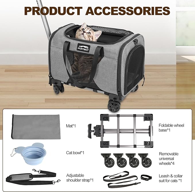 Airline Approved Cat Carrier with Wheels, Airline Cat Carriers in Cabin up to 13lbs, Rolling Soft-Sided Travel Bag for Small Cats and Dogs with Upgraded Wheels and Pet Bowl 16.5 * 11 * 10.2in, Grey