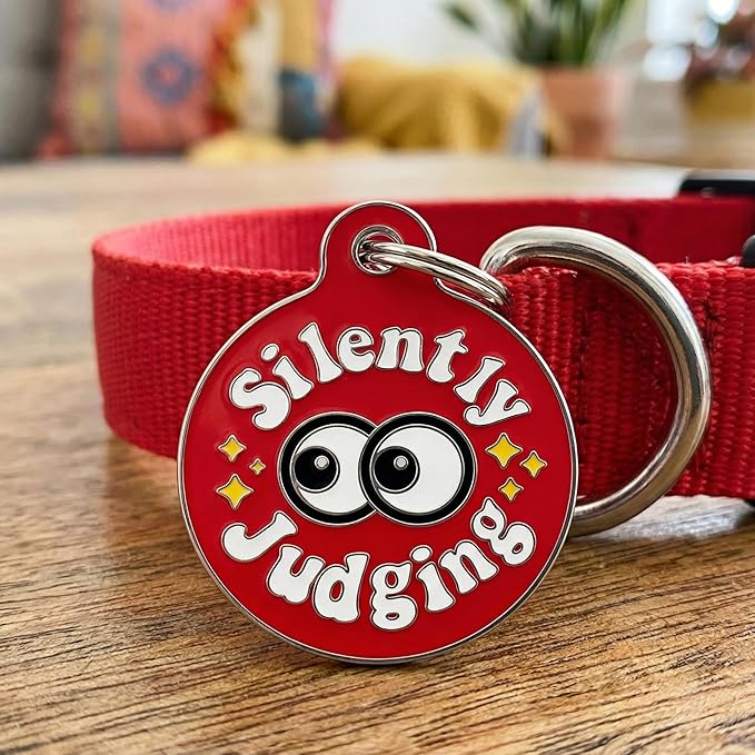 Bad Tags Personalized Dog & Cat ID Tags - Choose from 25+ Tag Designs - Free 5 Lines Custom Engraved - Unique, Cute, Funny, Sassy Pet Tag (Silently Judging - Red, Small (1 inch))