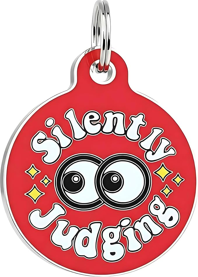 Bad Tags Personalized Dog & Cat ID Tags - Choose from 25+ Tag Designs - Free 5 Lines Custom Engraved - Unique, Cute, Funny, Sassy Pet Tag (Silently Judging - Red, Large (1.25 inch))