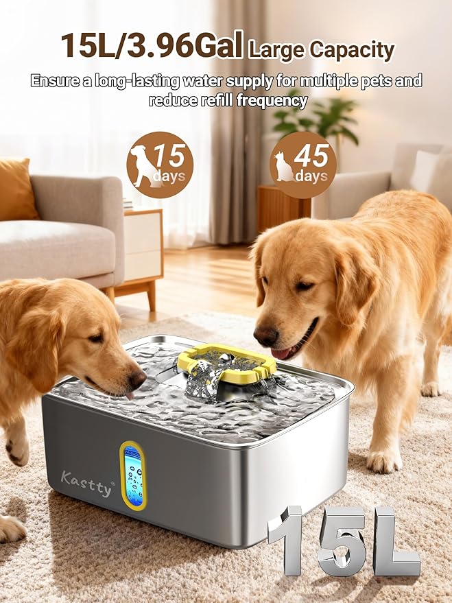 Kastty 3.96 Gal Dog Water Fountain for Large Dogs, 15L Stainless Steel Pet Water Fountain, QuietTriple Filtration Dog Water Bowl Dispenser with Water Level Window and LED Light Easy Clean(FS78,Yellow)