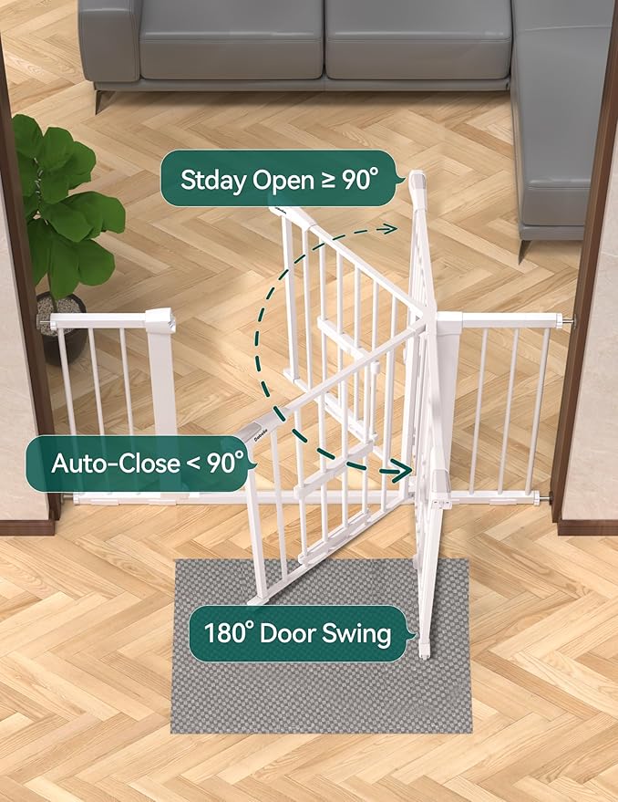BABELIO 29-48" Extra Wide Baby Gate with Cat Door,Auto Close Metal Pet Door for Stairs, Doorways, House, Pressure/Hardware Mounted, Easy Walk Thru, White