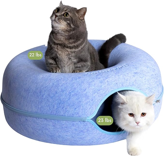 Cattasaurus Peekaboo Cat Cave Donut for Multiple & Large Cats up to 30-45 lbs, 3-in-1 Self Warming Cat Bed, Tunnel & Scratcher for Indoor Cats, Washable & Detachable Small Dog Bed (Blue, Large)