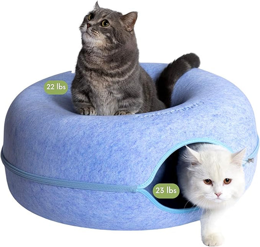 Cattasaurus Peekaboo Cat Cave Donut for Multiple & Large Cats up to 30-45 lbs, 3-in-1 Self Warming Cat Bed, Tunnel & Scratcher for Indoor Cats, Washable & Detachable Small Dog Bed (Blue, Large)