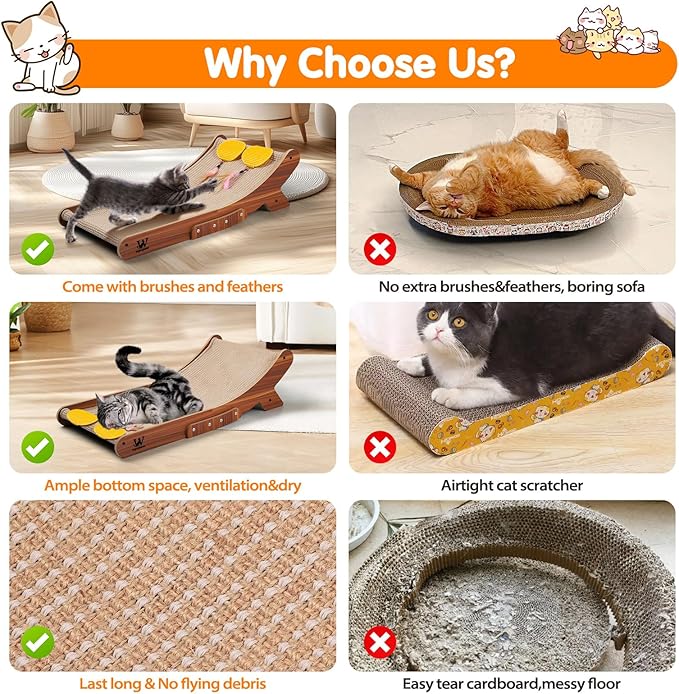 Sisal Cat Scratcher Bed, Natural Solid Wood Scratch Lounger, No Mess Scratching Chair Couch for Indoor Cats, 25.6 Inch Cat Scartching Pad, 3 in 1 Scratching Board, Furniture Protector