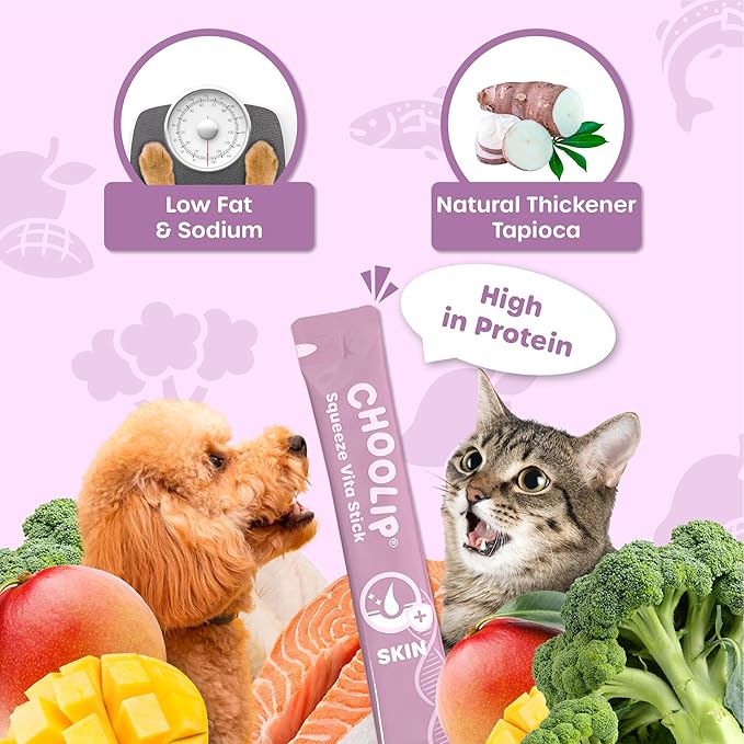 Choolip Squeeze Vita Stick Lickable Cat and Dog Treats, 49-Count Skin and Coat Variety Pack, Salmon and Pollack with Omega-3, Biotin and Vitamin E