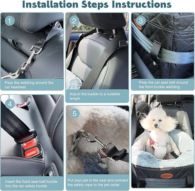 Dog Car Seat with Loops Dog Booster Seat for All Seasons, Anti Slip Bottom Pet Travel Bed with Thick Pets Sofa Cushion and Storage Pockets for Small Pets（Black）