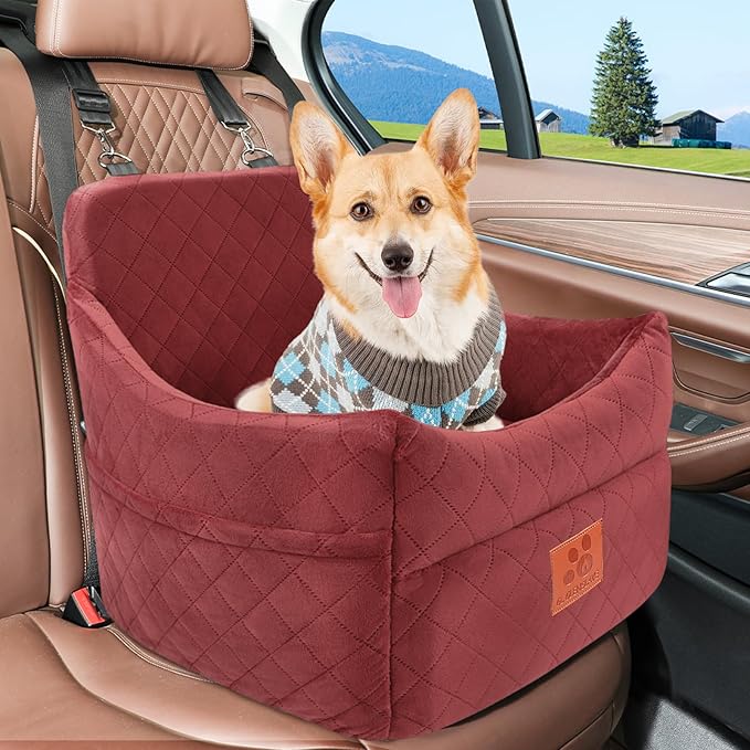 Dog Car Seat for Small/Medium Dogs, Dog Booster Car Seats with Thick Cushion for Dogs Under 35lbs, Detachable Washable Pet Carseat with Storage Pockets, 2 Safety Belts(Red)