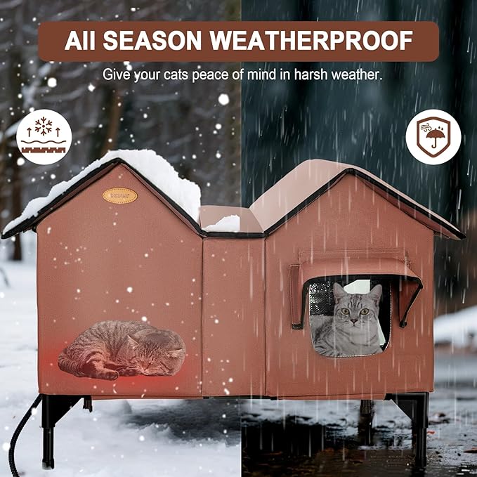 Heated Outdoor Cat House Weatherproof for Winter - Extra Large Heated Cat House for Outside, Elevated Bed, Escape Door, Fully Insulated Feral Cat Shelter for Multiple Cats Small Dogs, Easy Assembly