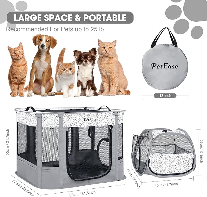 Portable 2-in-1 Dog Crate playpen, Outdoor Cat Playpen with Litter Box Area for Indoor Cats Enclosed Rabbit Puppy Hamster, Indoor/Outdoor Cats Enclosure Cages Tent(Light Gray)