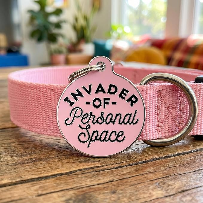 Bad Tags Personalized Dog & Cat ID Tags - Choose from 25+ Tag Designs - Free 5 Lines Custom Engraved - Unique, Cute, Funny, Sassy Pet Tag (Invader of Personal Space - Pink, Large (1.25 inch))