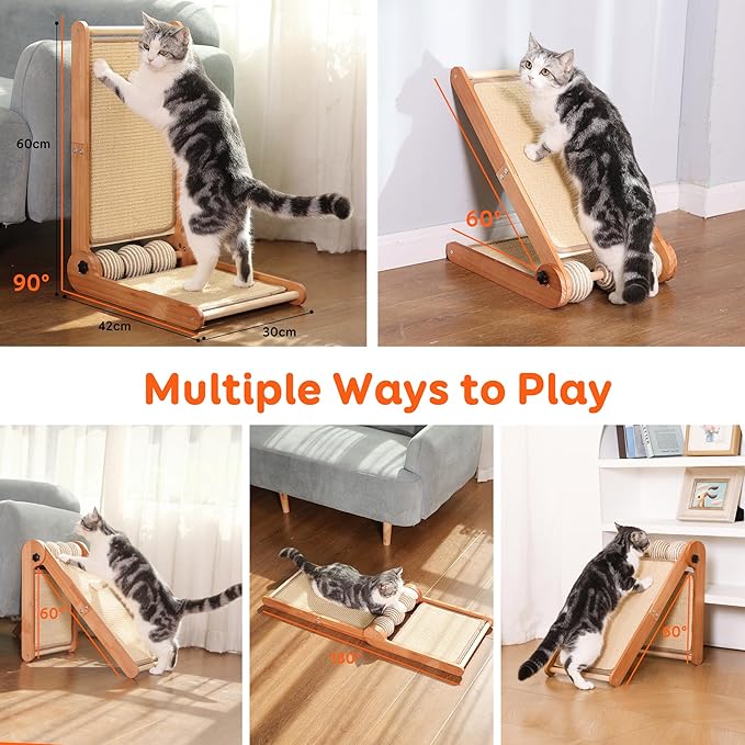 3 Transformable Shapes Cat Scratching Post - Adjustable L-Shape Sisal Scratcher with Multiple Fresh Fun Play Modes, 100% Natural Solid Beechwood& Sisal, Eco-Friendly Furniture Protector（1 Pack）