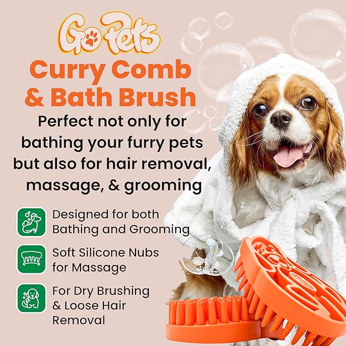 GoPets Dematting Comb & Curry Bath Brush Bundle, Dog Deshedding Brush, Cat Grooming Tool, Undercoat Rake, Mat Remover & Detangler, Silicone Shampoo Scrubber, Massage Tool for Long & Short Hair Pets