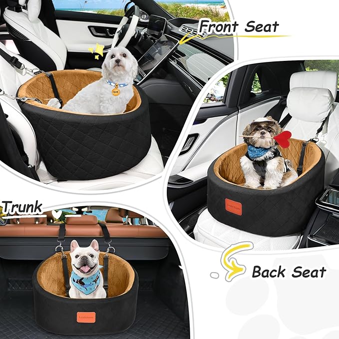 Dog Car Seat for Small Dogs Up to 30 Lbs,Ultra Soft Fabric Fill in Comfy Memory Foam,Happy Pet Ride,2 Safety Dog Leashes,Fully Detachable and Washable,Anti Slip Base(Black/Coffee)
