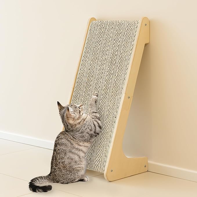 PETKARAY L Shape Cat Scratcher, Sisal Kitty Scratching Ramp, Vertical Scratch Pad for Indoor Cats, 25.2" Furniture Protector with Catnip, Chevron