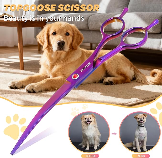 TOPGOOSE 7.5" Dog Grooming Scissor - Professional Down-curved Shear with Ergonomic Handle Japanese Stainless Steel Hair Scissor for Dogs, Cats and Other Pets, Sharp (Curved, Purple)