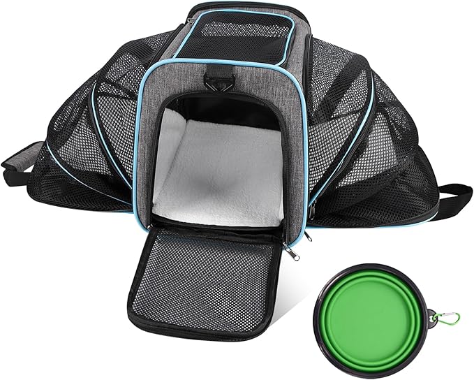 Pet Carrier TSA Airplane Approved - Expandable Soft Cat Dog Carrier, Collapsible Pet Travel Bag Carrier with Foldable Pet Bowl for Large Cats Small Medium Dogs for Camping Vet Visiting 17 * 11 * 11