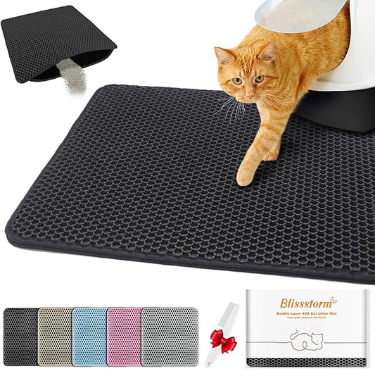 Waterproof Cat Litter Mat, Double Layer EVA, Odor-Free Large Grid, Urine Proof, Easy Cleanup (Black, 27 x 46)