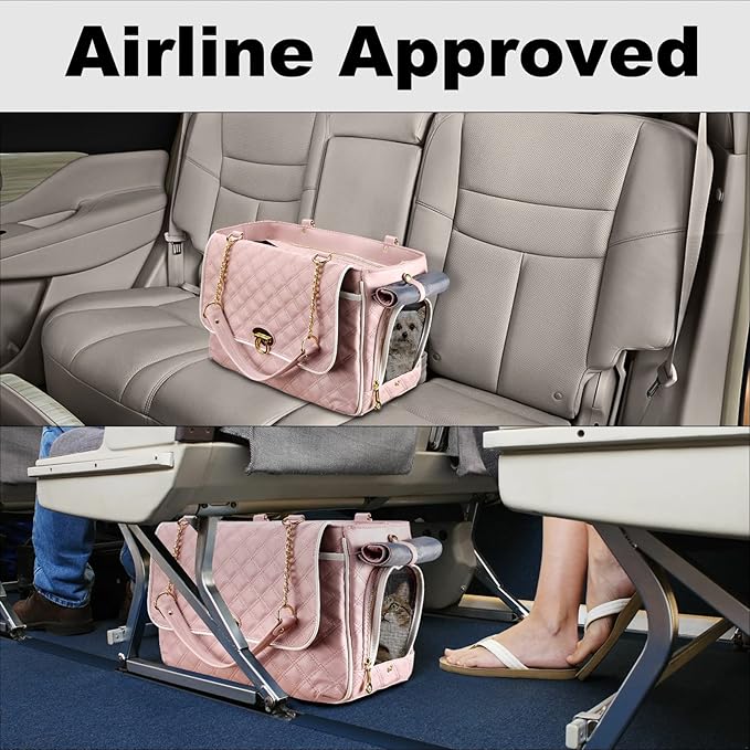 Fashion Dog Purse Carrier for Small Dogs with 2 Super-Large Pockets, Holds Up to 10lbs PU Leather Pet, Cat Carrier, Airline Approved Puppy Purse for Travel (Pink, Small Size)