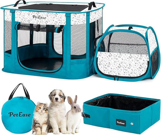 Portable 2-in-1 Dog Crate playpen, Outdoor Cat Playpen with Litter Box Area for Indoor Cats Enclosed Rabbit Puppy Hamster Indoor/Outdoor Cats Enclosure Cages Tent (Peacock Blue)