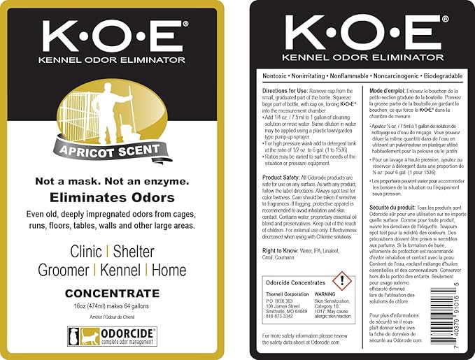 Odorcide K.O.E. Apricot Odor Eliminator 16 oz for Strong Odor for Cages, Runs & More – Home & Kennel w/Safe, Non-Enzymatic Formula