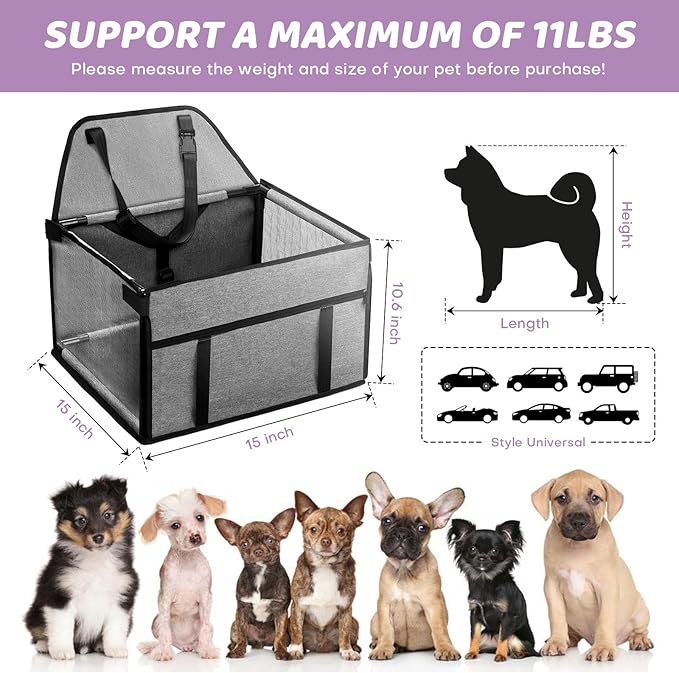 Small Dog Car Seat - Portable Puppy/Pet Booster Seat with Clip-On Leash and Mesh Window for Small Pets Up to 11 lbs
