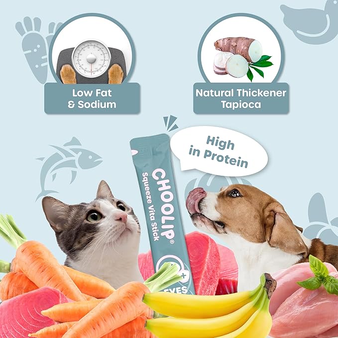 Choolip Squeeze Vita Stick Lickable Cat and Dog Treats, 49-Count Eye Support Variety Pack, Chicken and Tuna with Lutein, Omega-3 and Grapeseed Extract