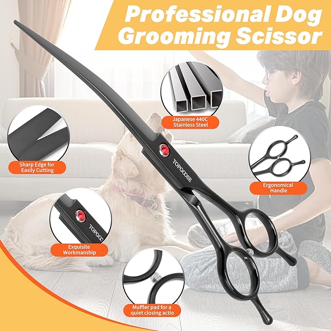 TOPGOOSE 7.5" Dog Grooming Scissor - Professional Down-curved Shear with Ergonomic Handle Japanese Stainless Steel Hair Scissor for Dogs, Cats and Other Pets, Sharp (Curved,Black)