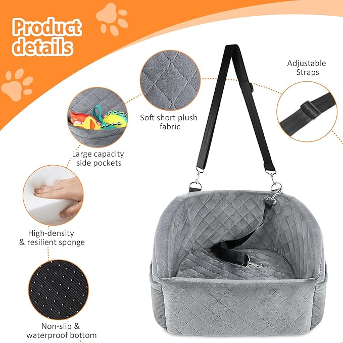 Dog Car Seat for Small Dogs,Detachable Washable Dog Booster Seat for Medium Dogs Under 30lbs, Pet Car Seat Travel Bed with Storage Pockets and Dog Safety Belt (Grey)