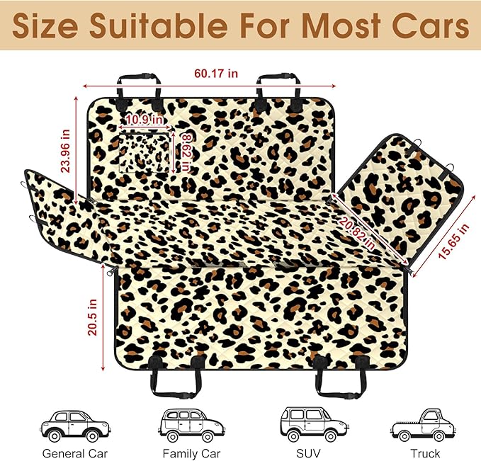 Waterproof Dog Car Seat Cover for Back Seat - Durable, Scratch Proof Pet Hammock with Nonslip Design & Storage Pockets, Fits Cars, SUVs, Trucks- S, Leopard/Black