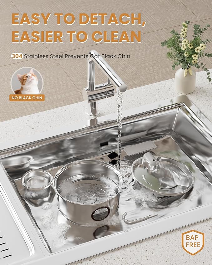 Cat Water Fountain Stainless Steel - 108oz/3.2L Ultra-Quiet Cat Fountain for Drinking with Removable Water Bowl, Kitty Spout Fountain with 3 Filters Supplies for Cats, Small Dogs, Multiple Pets