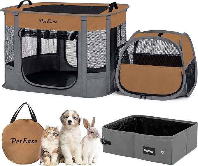 Portable 2-in-1 Dog Crate playpen, Outdoor Cat Playpen with Litter Box Area for Indoor Cats Enclosed Rabbit Puppy Hamster, Indoor/Outdoor Cats Enclosure Cages Tent Tent (Brown)