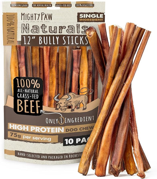 Mighty Paw Naturals Bully Sticks for Small & Medium Dogs - Grass Fed Beef Chews. Bully Sticks for Large Dogs. Lower Odor Stick Treat. Single Ingredient (12" - 10 Pack)