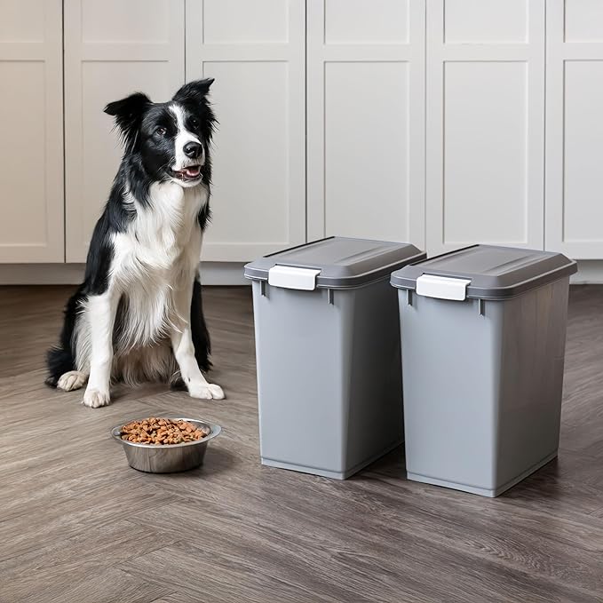 IRIS USA Dog Food Storage Container with Wheels, Airtight Lid, 2-Cup Scoop, Up to 30 Pounds Pet Food Storage, Built in Scoop Storage in Lid, Pet Food Bin, Portable, BPA Free, 2 Pack, Gray/Dark Gray