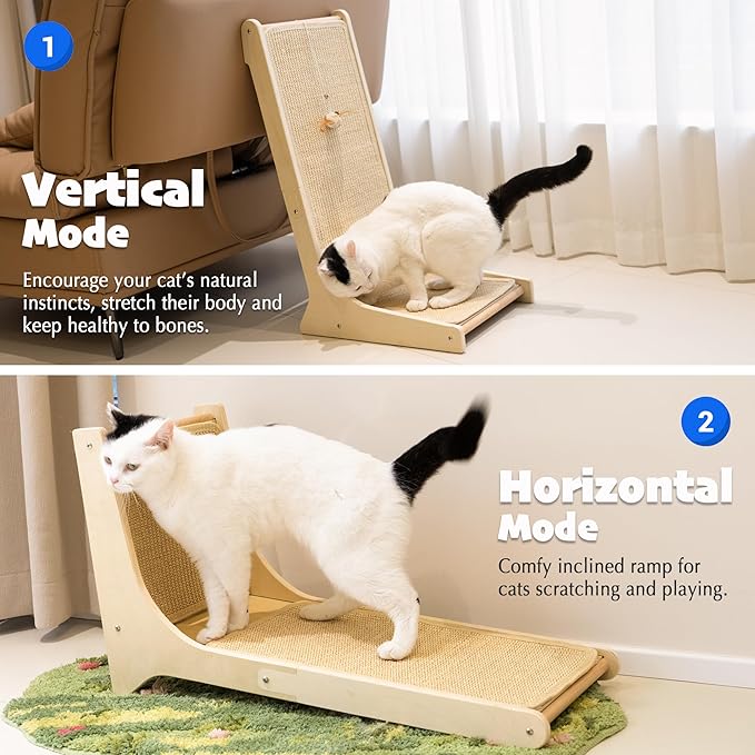 PETKARAY Sisal Cat Scratcher, Upright Cat Scratch Pad Wall Mounted, Vertical Scratching Post Alternative, L Shape Scratching Board 105°