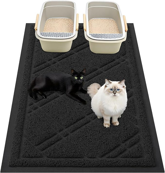 Smiry Cat Litter Box Mat 47x24, Non-Slip Water Resistant Litter Trapping Mat, Easy Clean Less Waste and Urine-Locking Cat Carpet for Indoor, Black