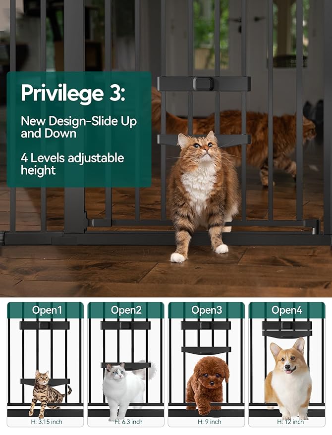 BABELIO New Version Baby Gate with Cat Door Adjustable, 29-40" Metal Pet Door for Stairs & Doorways, Pressure Mounted, No Tools Needed, Black