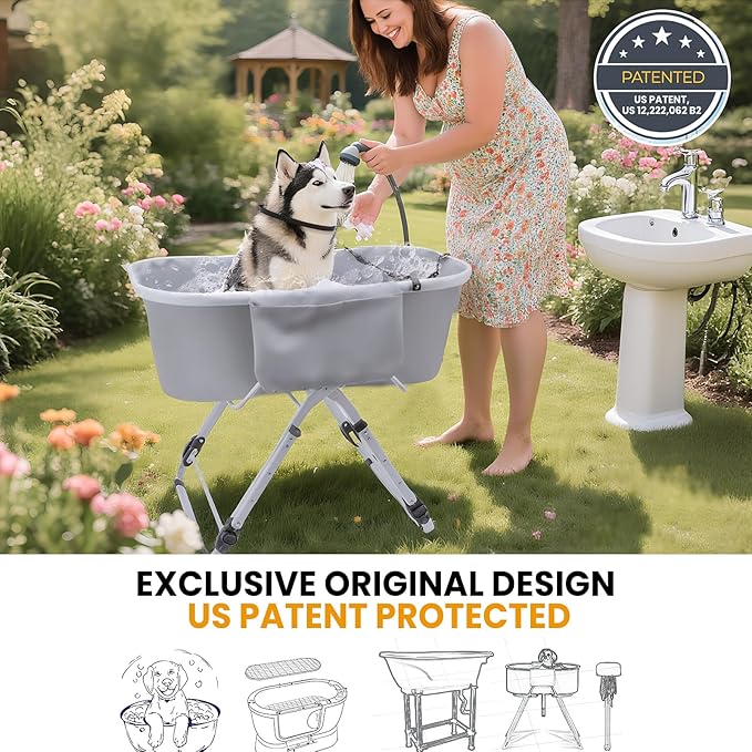 Dog Bathtub, Collapsible Dog Bath Tub with Ergonomic Design, Portable Elevated Station for Bathing & Grooming, Suitable for Cats & Small to Medium Dogs, Indoor & Outdoor, Gray