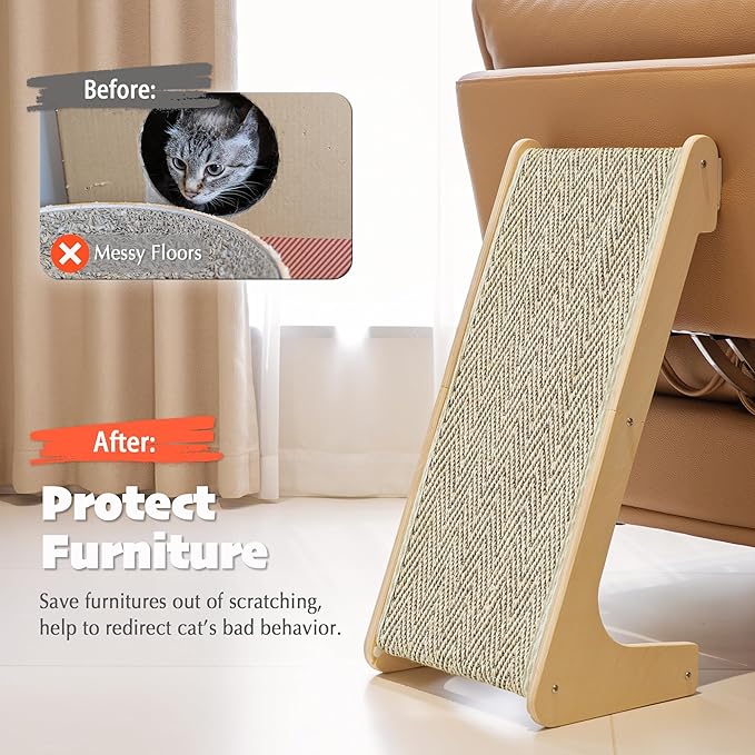 PETKARAY L Shape Cat Scratcher, Sisal Kitty Scratching Ramp, Vertical Scratch Pad for Indoor Cats, 25.2" Furniture Protector with Catnip, Chevron