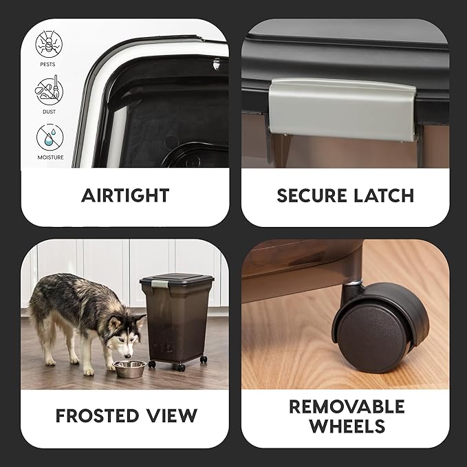 IRIS USA WeatherPro Airtight Dog Food Storage Container, Up to 58 lbs, Attachable Wheels, For Dog Cat Bird and Other Pet Food Storage Bin, Keep Fresh, Easy Mobility, BPA Free, Smoke