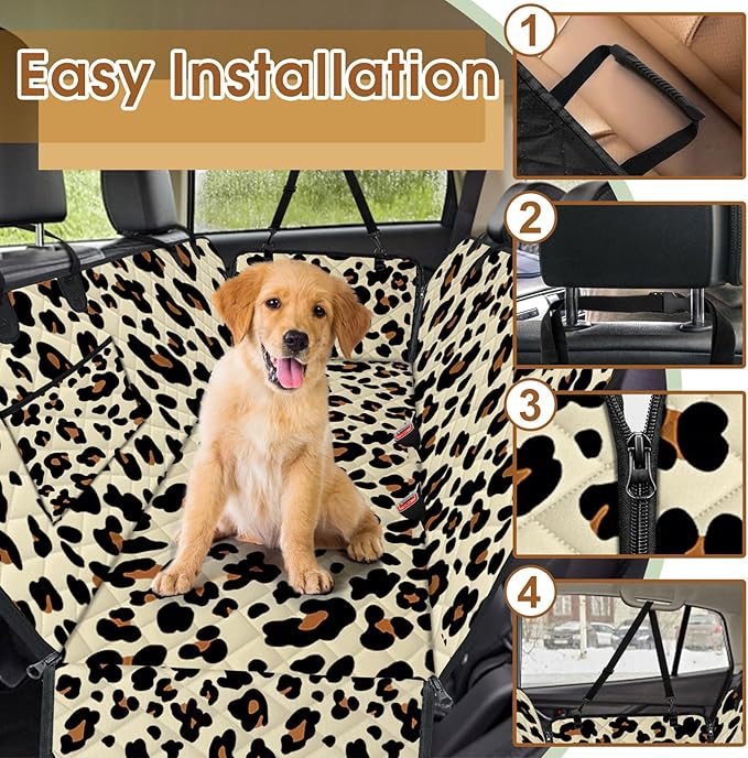 Waterproof Dog Car Seat Cover for Back Seat - Durable, Scratch Proof Pet Hammock with Nonslip Design & Storage Pockets, Fits Cars, SUVs, Trucks- S, Leopard/Black