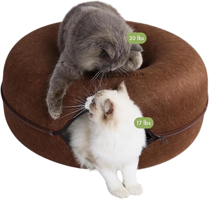 Cattasaurus Peekaboo Cat Cave Donut for Multiple & Large Cats up to 30-45 lbs, 3-in-1 Self Warming Cat Bed, Tunnel & Scratcher for Indoor Cats, Washable & Detachable Small Dog Bed (Brown, Large)